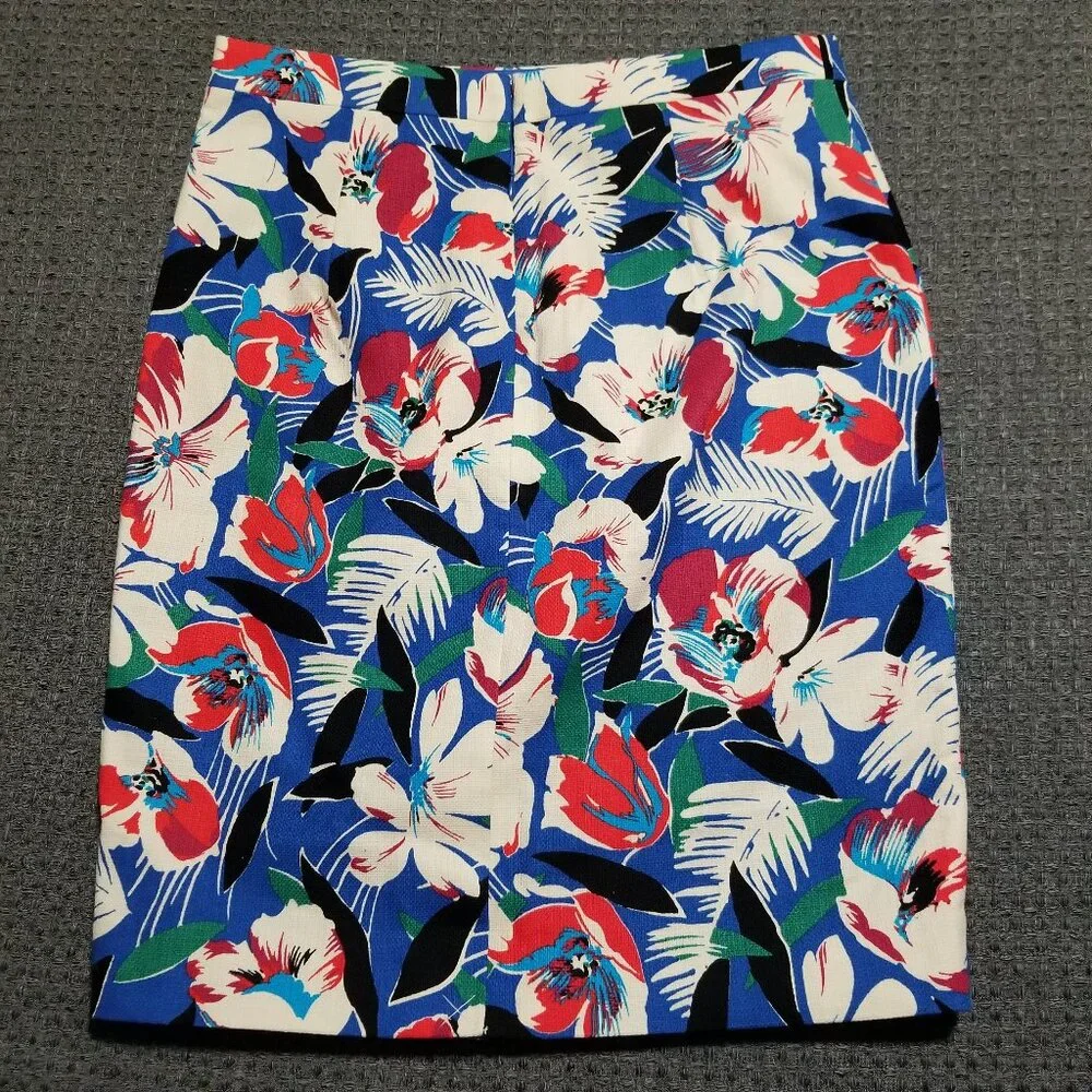 J Crew Blue Tropical Floral Print Pencil Skirt Women's 4
